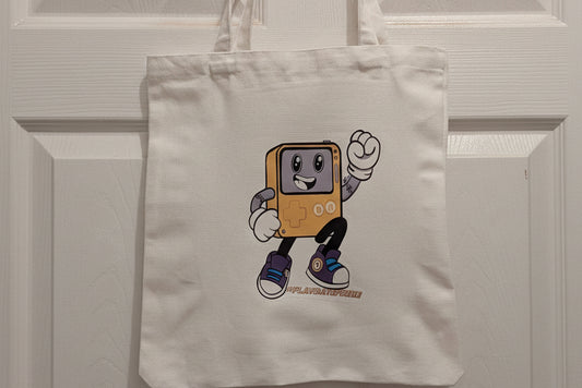 Tote bag with a cartoon character design on a white background
